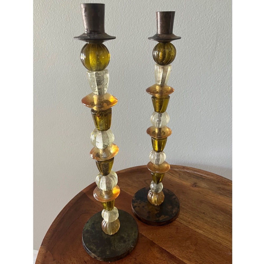 Vintage Amber Lucite Candlestick Holders – Green, Amber, Clear pair